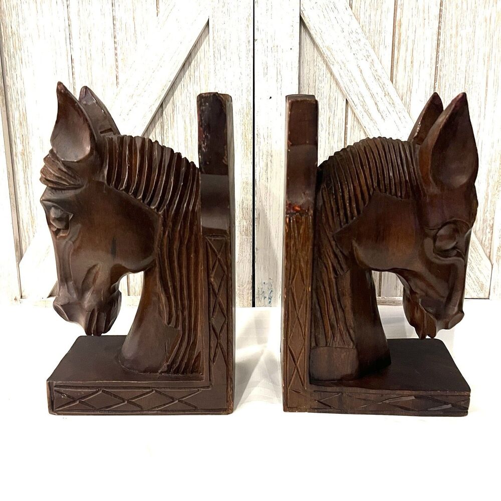 VTG Hand Carved Wood Horse Head Bookends Western Rustic Decor Cowboy Equestrian - Picture 2 of 9